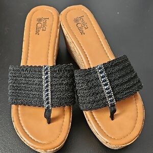 Jessica Cline Black and Tan Woven Wedge Sandals Size 8